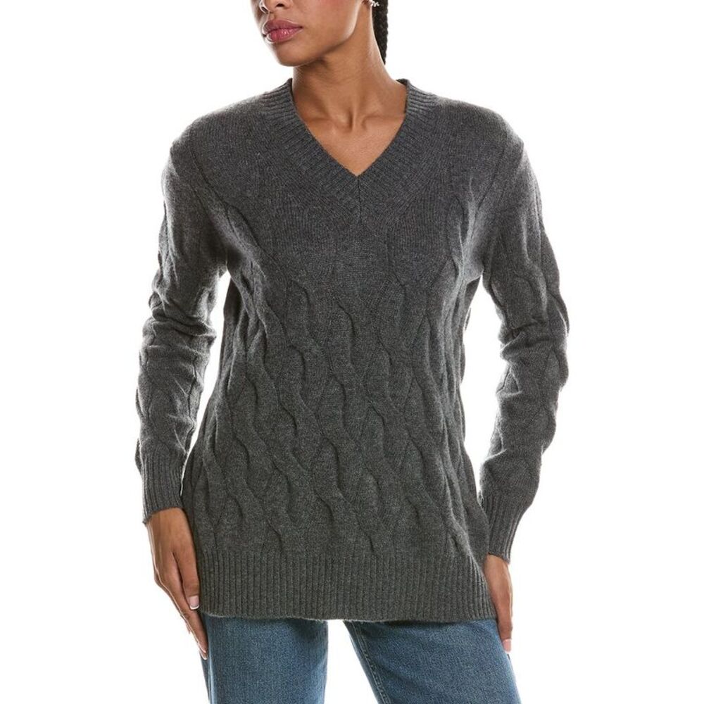 Forte Cashmere Womens Long Cable V-Neck 100% Cashmere Sweater, Gray